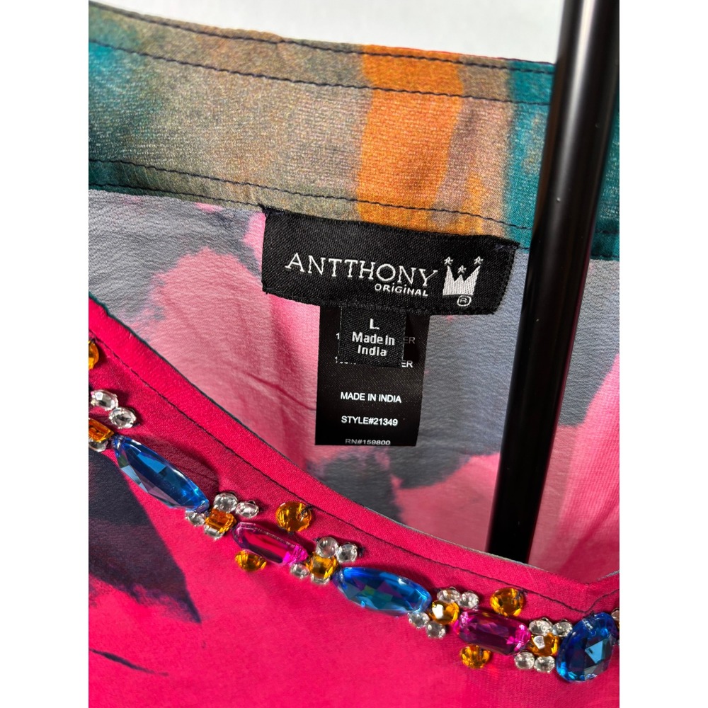 Antthony Original Pink Abstract Watercolor Jewel Neck Caftan Top Large 21349 - Picture 4 of 5